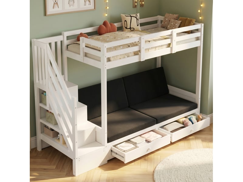  Lit superposé enfant blanc 90 x 200 cm avec escalier de rangement et 2 tiroirs  - Conforama B