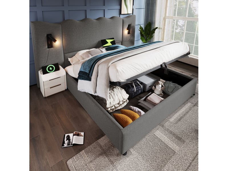  Lit coffre 2 places 180x 200 cm, bois et métal gris sans matelas, doté de lampe de lecture orientable et ports usb-c  - Conforama B