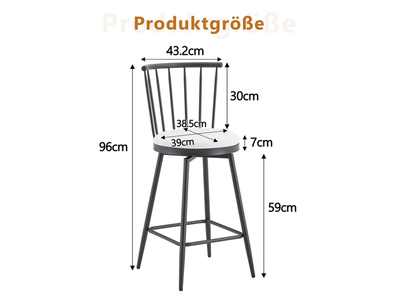  Tabouret de bar haut 39x39x96 cm, chaise de bar, style windsor, dossier à barreaux, structure en métal et pu, blanc  - Conforama C