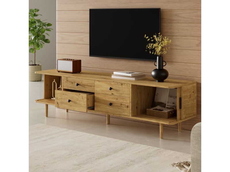  Meuble tv bas 165 cm mdf - 4 tiroirs, 2 portes coulissantes, grand rangement, coins arrondis  - Conforama E