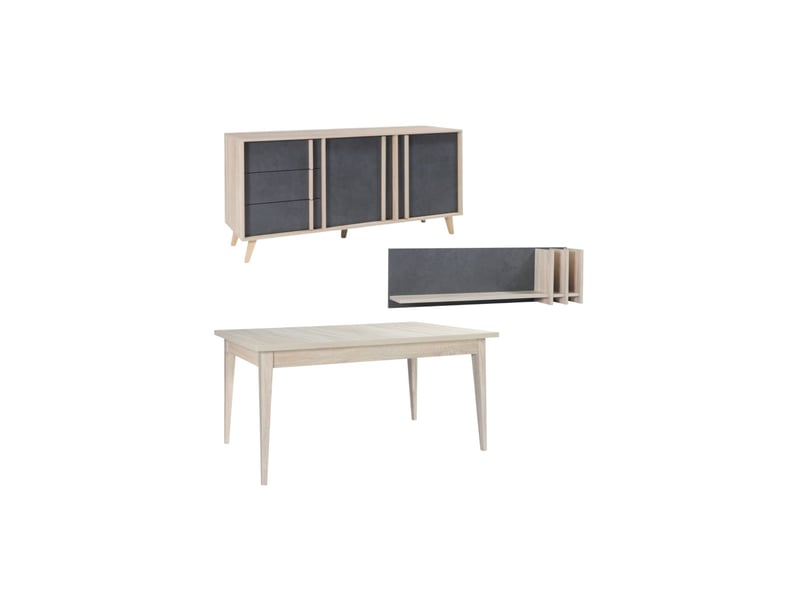 Salle à manger complète malmo avec table 160 cm, buffet 165 cm et étagère murale – chêne clair et gris  - Conforama A