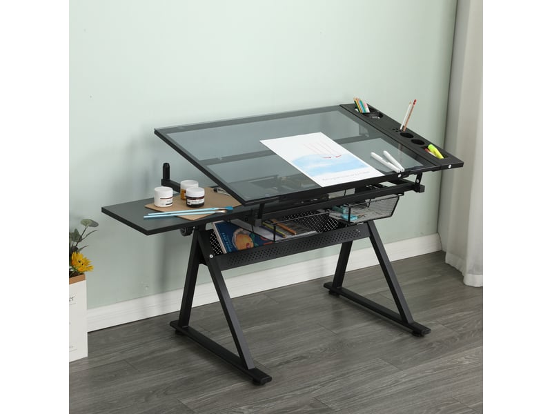  Table de dessinimpression en verre trempé réglable, noir, 98x60 cm, mdf + métal, design moderne, rangement pratique  - Conforama D