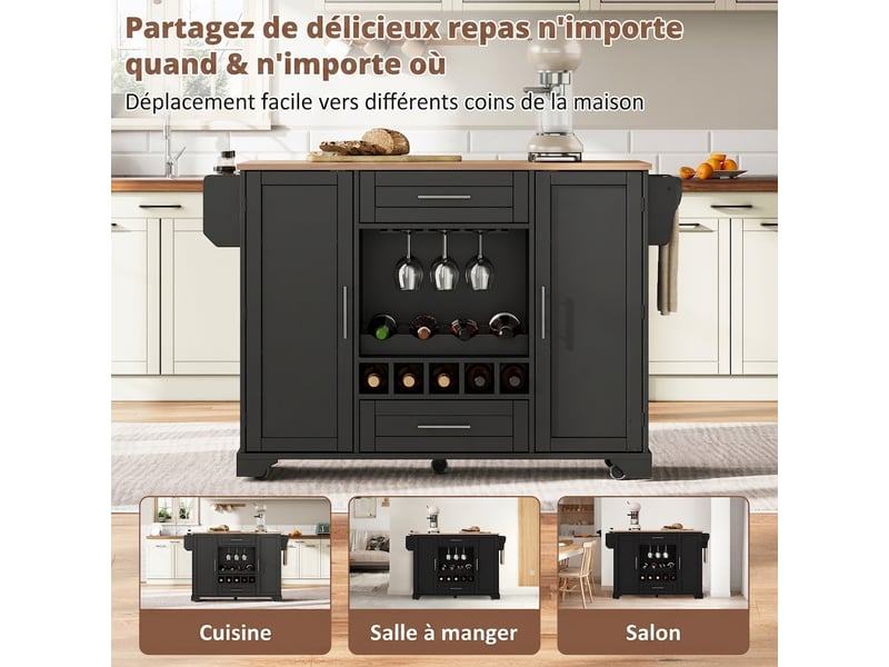  Desserte de cuisine à roulettes avec plan de travail rabattable  - Conforama C