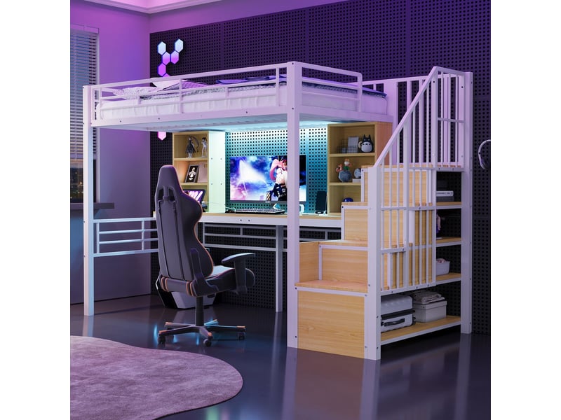  Lit mezzanine 90x200 cm - avec bureau et led - lit simple - escalier avec rangement, prises, barrière de sécurité, métal blanc  - Conforama A