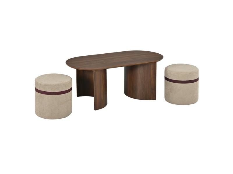  Table basse ovale,108x50x44 cm,avec 2 tabourets rembourrés,mdf,coloris noyer  - Conforama D