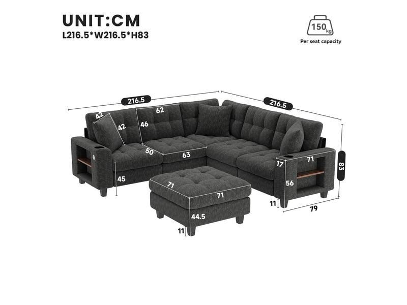  Canapé d'angle modulable xxl 6 places en ul, pouf mobile, accoudoirs bibliothèque, usbtype-c, chenille gris  - Conforama C