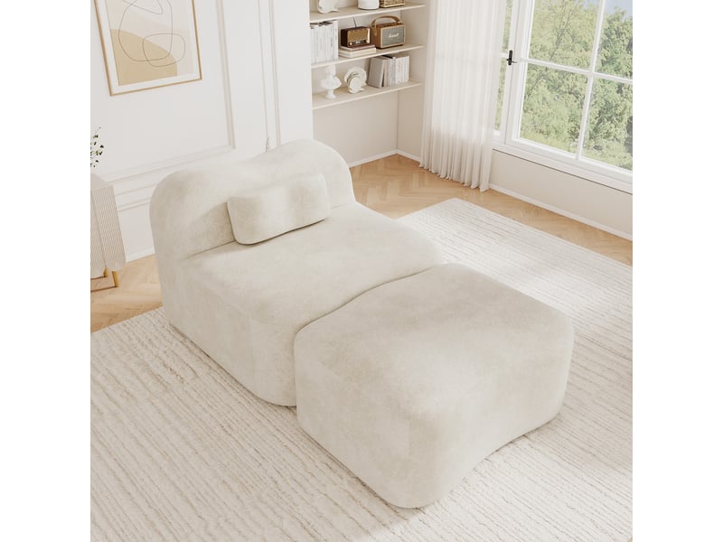  Fauteuil avec pouf - 96x167x70 cm - chauffeuse méridienne modulable velours, mousse 32d sans structure rigide 350kg - beige  - Conforama C