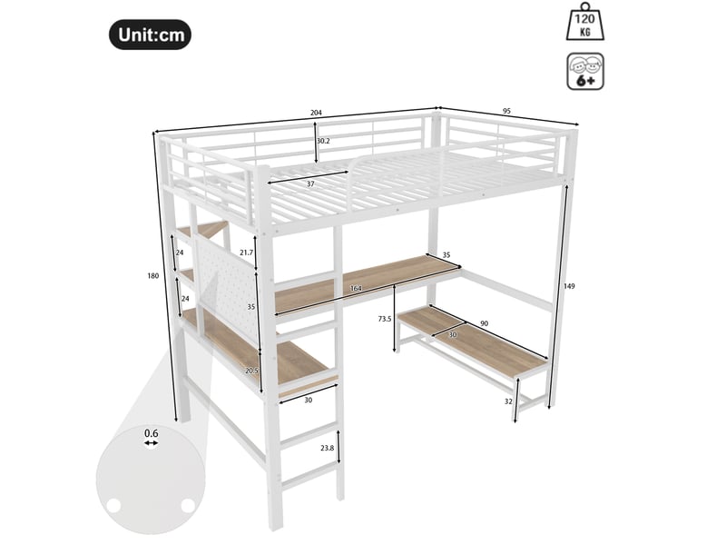  Lit surélevé 90 x 200 cm avec bureau, led, prises usb et type-c, blanc  - Conforama C