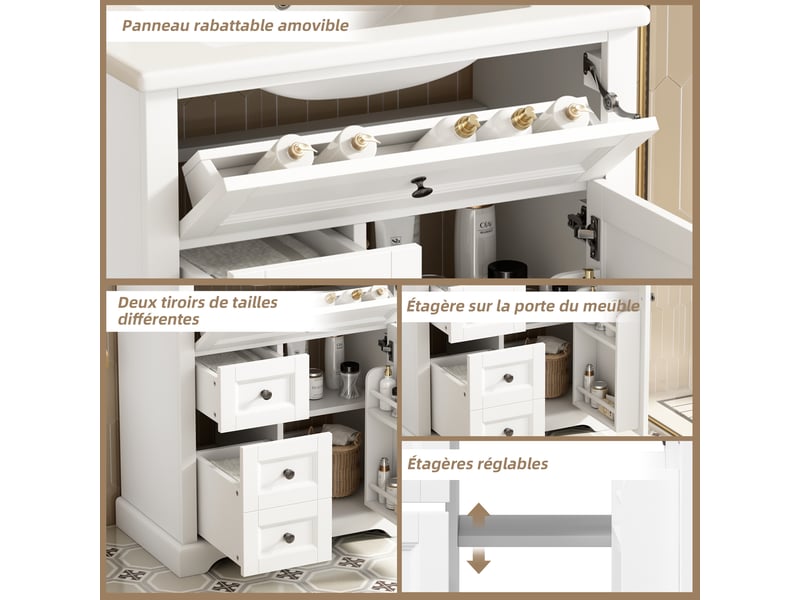  Meublede salle de bain 76 cm avec vasque céramique,76 x 46 x 87 cm,blanc,mdf laqué,tiroirs à fermeture amortie,étagère réglable  - Conforama D