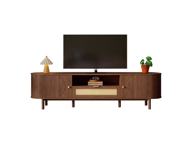  Meuble tv bas bords incurvés 175x36x51cm rangement | design moderne noyer portes demi-lune et rotin | tiroirs charge 50kg - noyer  - Conforama A