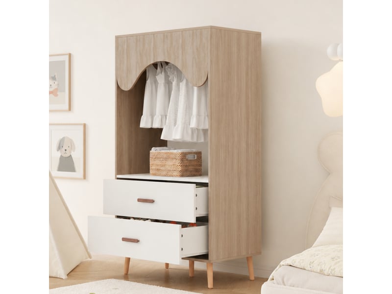  Armoire enfant avec penderie et tiroirs 80 x 46 x 141,5 cm blanc bois naturel pieds massif  - Conforama B