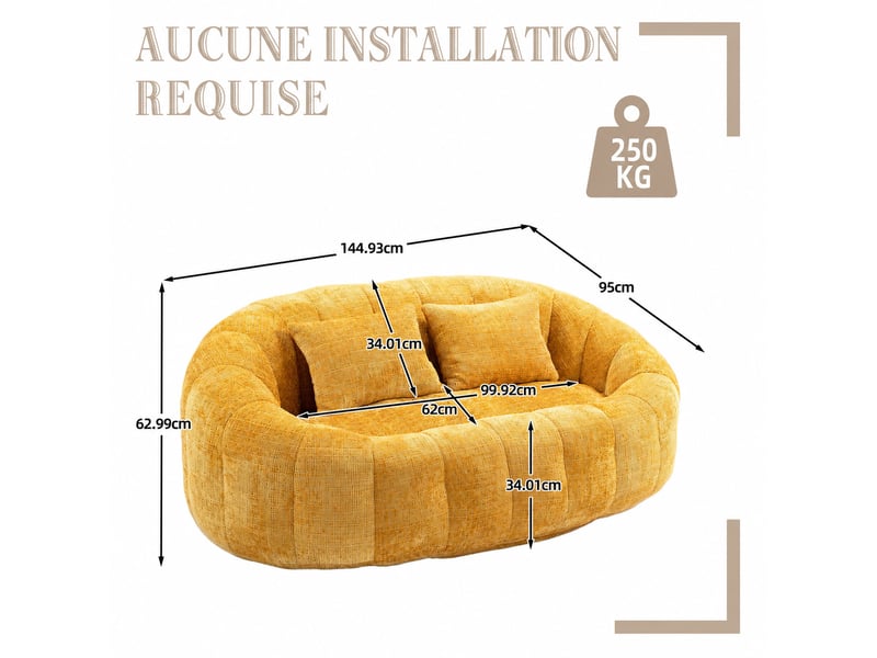  Canapé pouf 2 places lazy - 150 x 95 x 63 cm - avec 2 coussins et mousse à mémoire - chenille jaune  - Conforama C