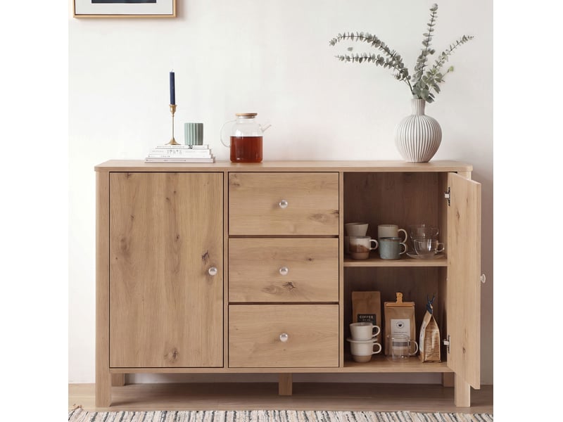 Buffet et enfilade avec 3 tiroirs et 2 portes, poignées en métal, pour salle à manger, chêne, 120 × 40 × 80 cm - Conforama B
