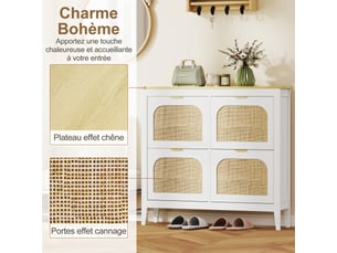 Meuble à chaussures 20 paires bohème avec 4 tiroirs rabattables, portes effet cannage rotin, blanc, 105 x 24 x 95,5 cm