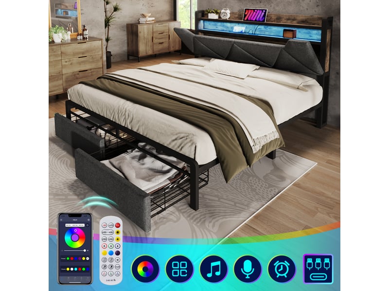 Lit coffre,160x200 cm,avec led, usb-c et tiroirs,lin,gris  - Conforama E