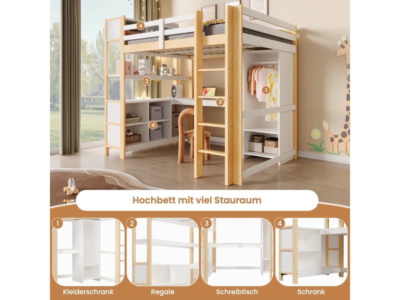  Lit mezzanine enfant 1 place 140×200 cm avec bureau, étagères et armoire - okmyhome- en pin, sans matelas, naturel  - Conforama E