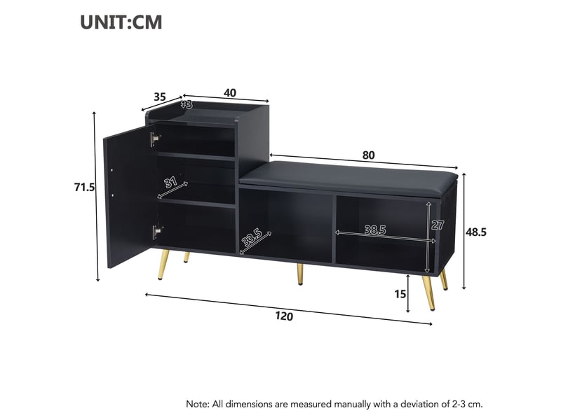  Meuble à chaussures noir brillant avec banc rembourré, rangement 10 paires et étagères réglables pour entrée, 120 cm  - Conforama C