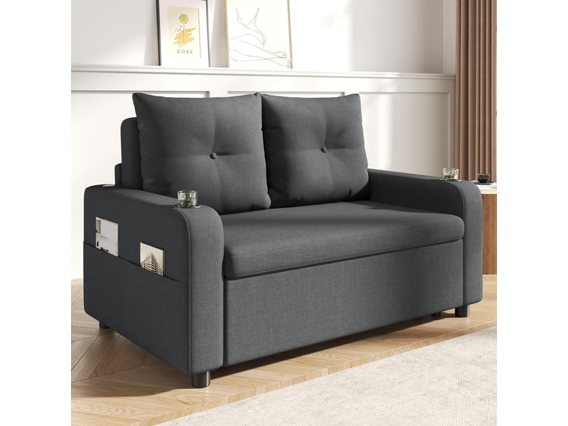 Canapé convertible 2 places - 131x81x94cm - canapé double 3 en 1 en tissu avec usbtype-c, porte-gobelets & poches - gris - Conforama B