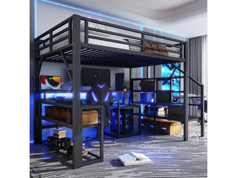 Lit mezzanine métal noir 140x200 cm – bureau intégré, rangement, escalier avec rangement, led, usb - Conforama B