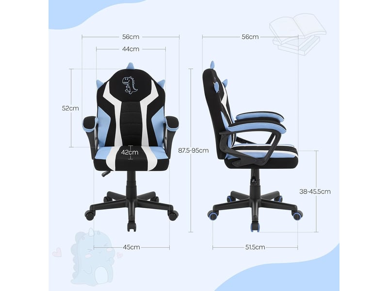  Chaise de jeu pour enfants, motif dinosaure, en tissu maillé, bleu, avec dossier et accoudoirs, avec roulettes universelles et lestées  - Conforama D