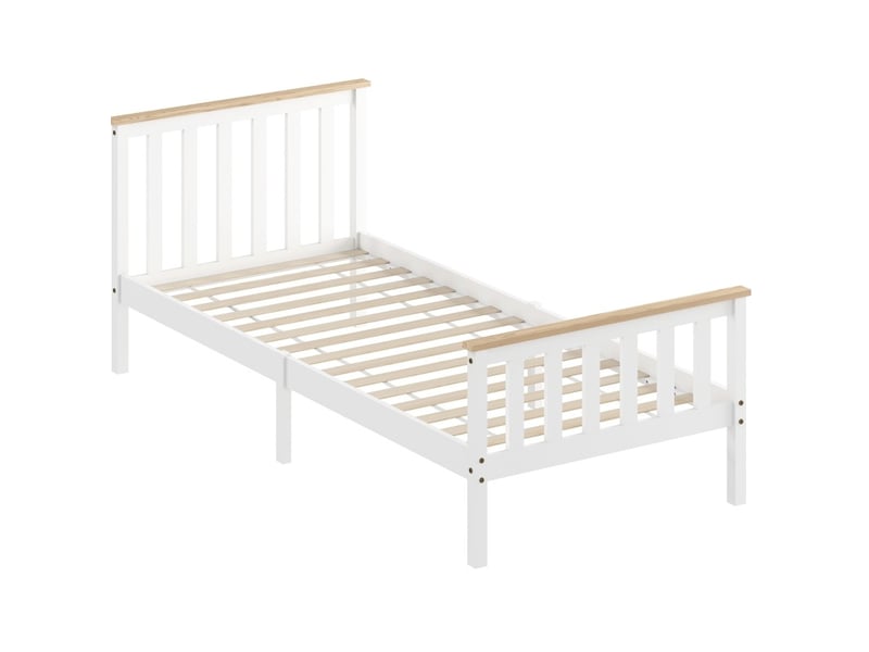  Lit une place 90x200 cm blanc et bois, cadre en bois avec sommier à 15 lattes et rangement sous le lit  - Conforama D