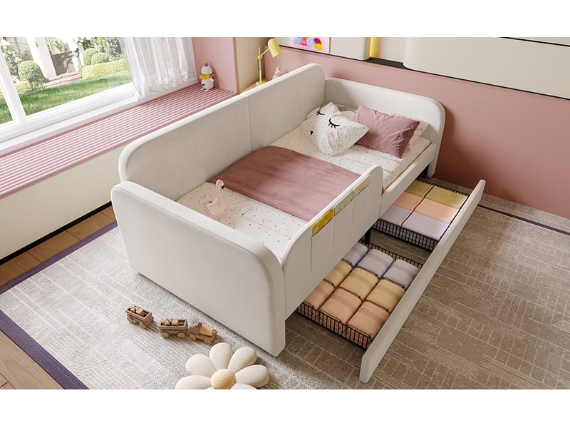  Lit banquette 90x200 cm - avec 2 tiroirs coulissants et rangement intégré, en velours blanc, mdf et métal, sans matelas  - Conforama D