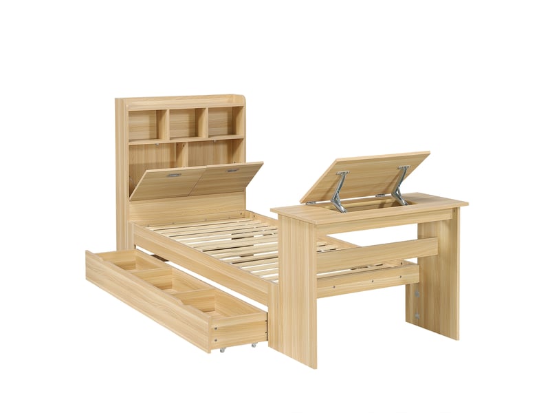  Lit adolescent 90x200 cm avec rangement sous le lit, bois naturel  - Conforama D