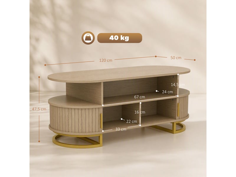  Table basse ovale, table de salon moderne avec portes à tambour coulissantes, étagères ouvertes, rangement fermé, chêne  - Conforama C