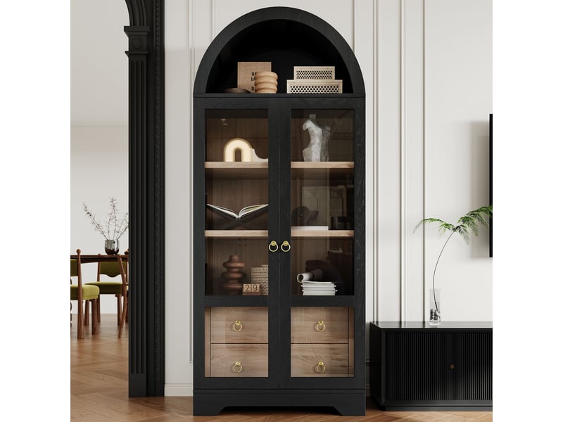  Buffet haut 76,2 x 40,1 x 180 cm, portes vitrées, 2 tiroirs et étagères réglables, noir Jamama eleni - Conforama D
