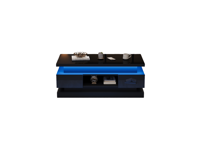  Table basse relevable 100x50x40 cm avec led, 2 tiroirs, rangement caché, table de salon, panneau de particules, noir  - Conforama A