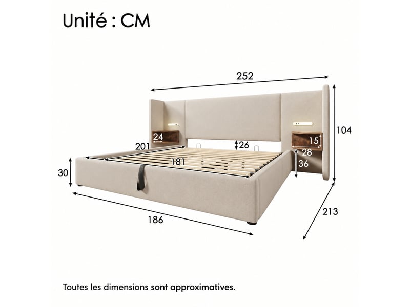  Lit coffre 180x200 rembourré en lin beige avec liseuse tactile et ports usb  - Conforama C