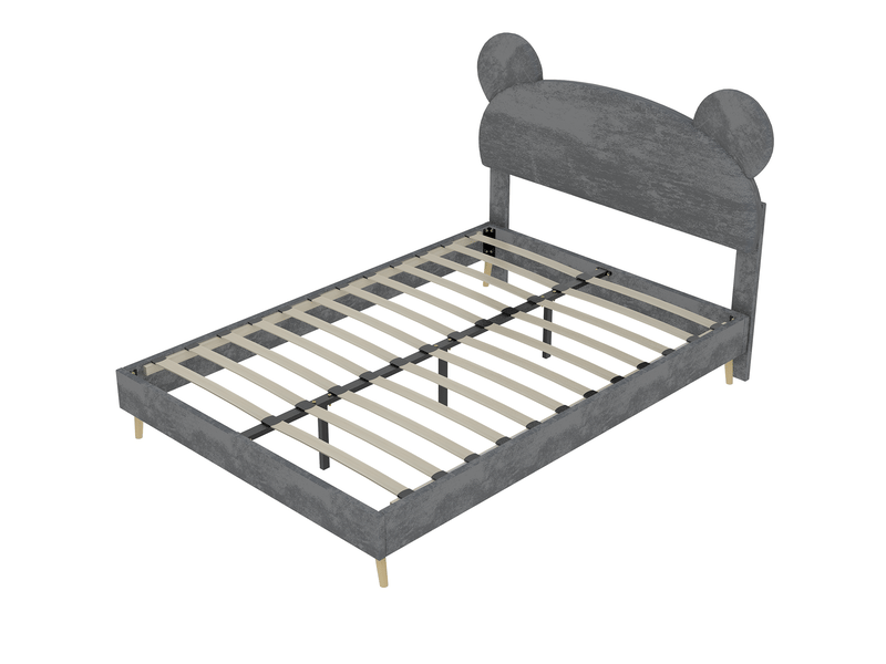  Lit enfant 140x200 cm en tissu gris avec tête de lit oreilles d’ours  - Conforama E