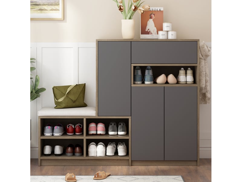  Meuble à chaussures avec banc rembourré, étagères réglables et portes sans poignées pour entrée gris 140 × 35 × 110 cm  - Conforama D