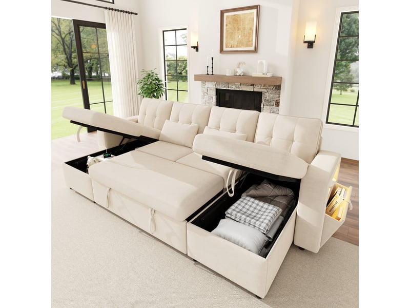 Canapé d'angle modulable en u 4 places convertible, 2 méridiennes, rangement, led, usbtype-c, chenille beige - Conforama B