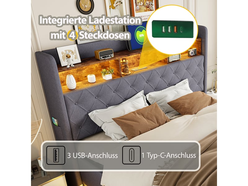  Lit coffre gris 160x200 cm – led, usb, sommier hydraulique et tête capitonnée  - Conforama E