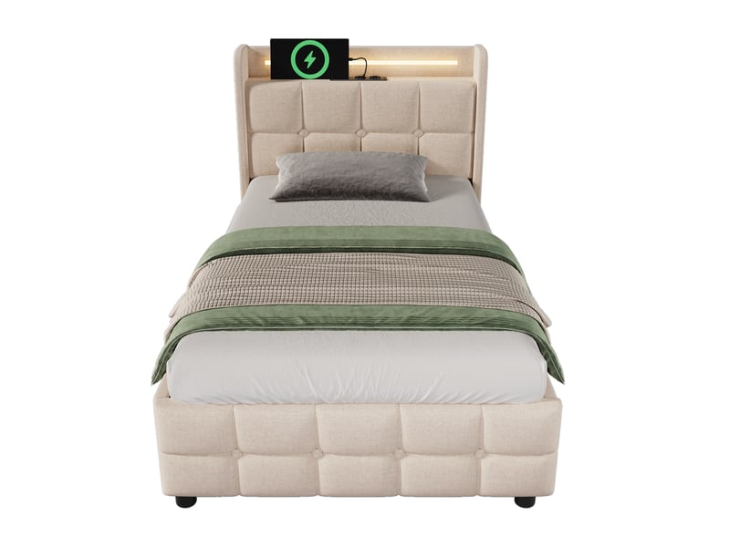 Lit simple coffre avec tête de lit usb, led, lin beige, 90x200 cm, 2 tiroirs, sommier inclus - Conforama A