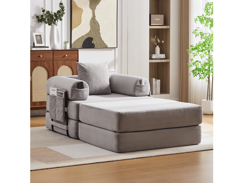 Fauteuil modulable modenvie 1 place avec pouf en velours côtelé gris clair 112 x 190 x 67 cm - Conforama B