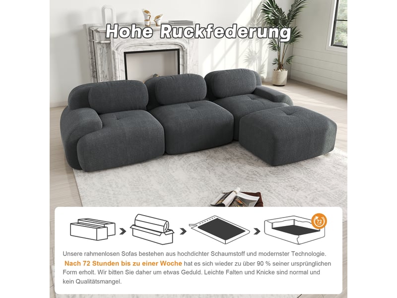  Canapé d'angle modulable en velours côtelé, gris, 298 x 178 x 70 cm Fay Lum - Conforama E