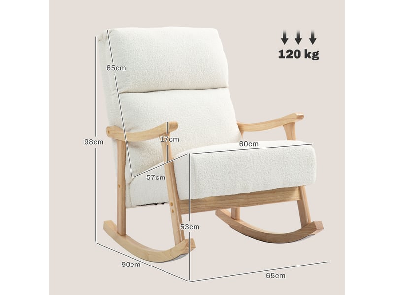  Fauteuil à bascule, revêtement en tissu aspect velours, dossier ergonomique, charge maximale 120 kg, 65 cm (l) x 90 cm (p) x 98 cm (h), blanc crème  - Conforama E