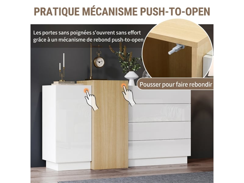  Buffet blanc laqué brillant avec 4 tiroirs et 2 portes, meuble de rangement moderne, longueur 140 cm  - Conforama D