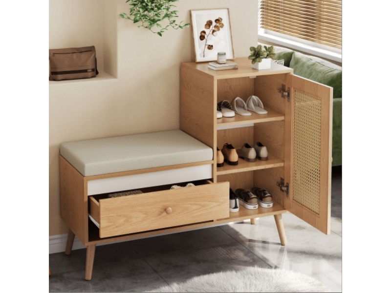  Meuble d’entrée - 95,5x35x80,5 cm - rangements, coussins inclus, 1 tiroir - rotin - naturel Bubbly - Conforama B