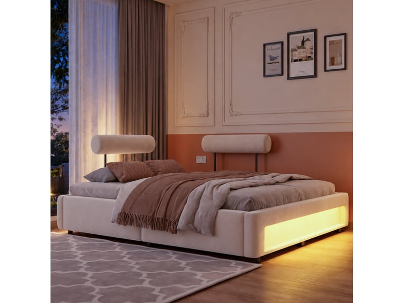  Lit 160x200 cm rembourré avec 2 dossiers réglables et led, velours beige  - Conforama C