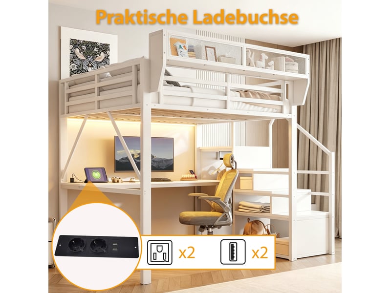 Lit mezzanine 140x200 cm, bureau long, led multicolore, échelle sécurisée, rangement modulable, métal blanc sans matelas - Conforama E