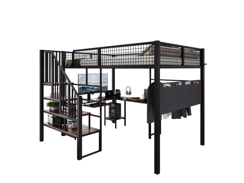  Lit mezzanine en métal 140×200 cm noir avec bureau d’angle en l, escalier, support clavier coulissant, prise usb et poche latérale  - Conforama A