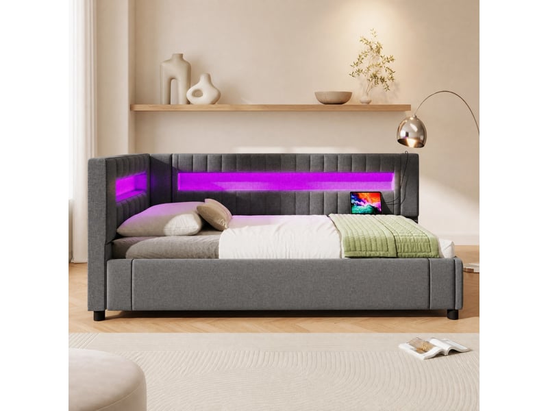  Lit simple 90x200 cm rangement hydraulique et led en lin gris  - Conforama B