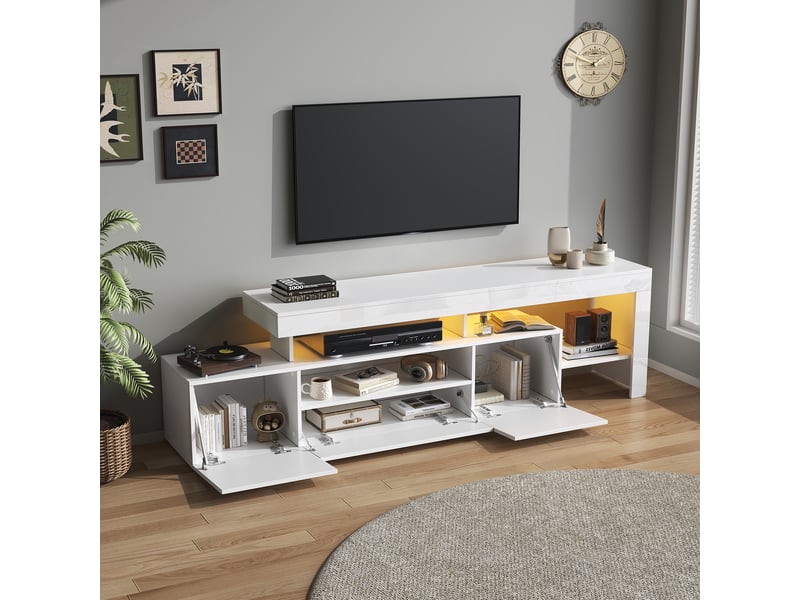  Meuble tv blanc brillant led 192×37×53 cm, 3 caissons, meuble bas pour écran jusqu’à 85 pouces  - Conforama D