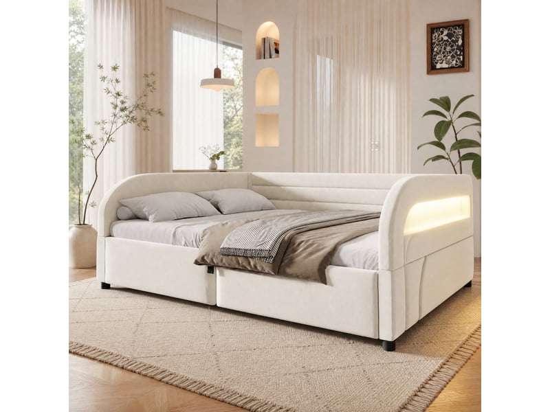  Lit coffre simple 140×200 cm avec led multicolore et rangement - okmyhome- beige, sans matelas, flanelle  - Conforama C
