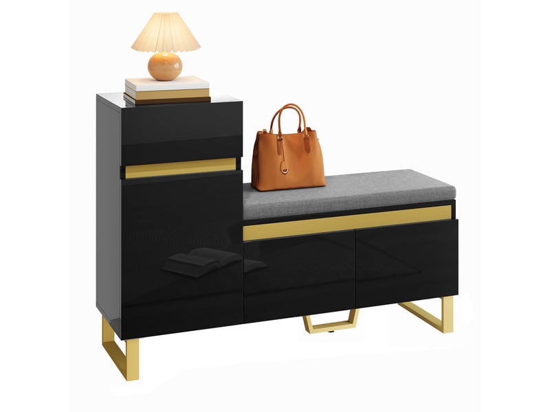  Meuble à chaussures brillant  avec portes, banc rembourré, tiroir et étagères, pour entrée, en mdf, noir, 120 × 35 × 85 cm  - Conforama A