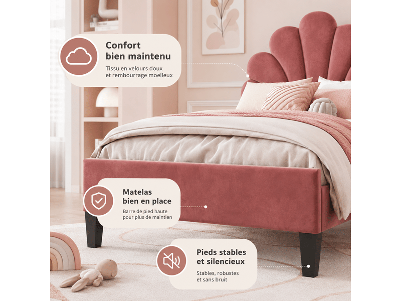 Lit simple enfant 90x200 avec sommier à lattes en bois - lit fille avec tête de lit réglable en forme de fleur - velours doux, rouge - Conforama D