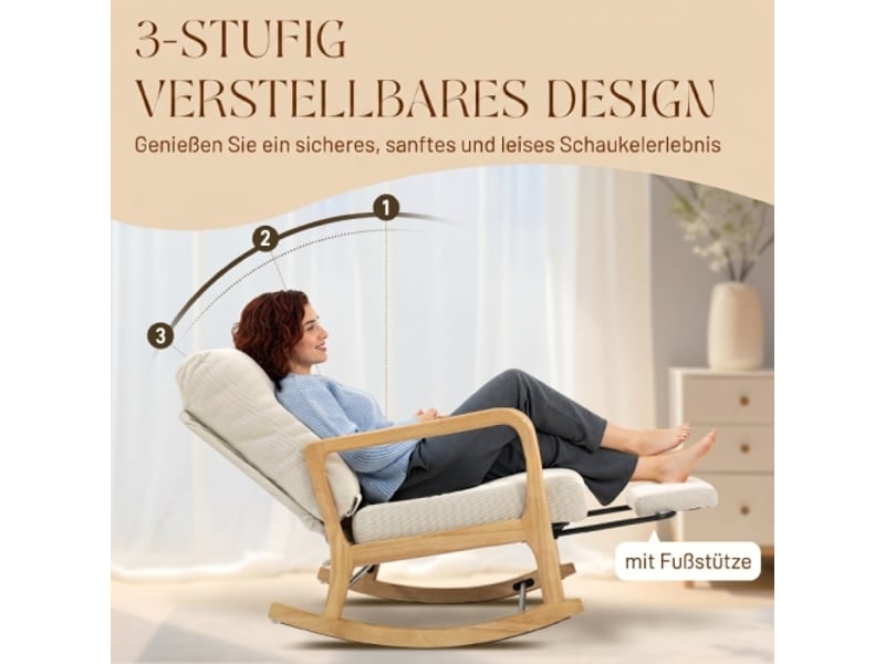  Fauteuil à bascule crème avec repose-pieds et dossier réglables, coussin lombaire  - Conforama E